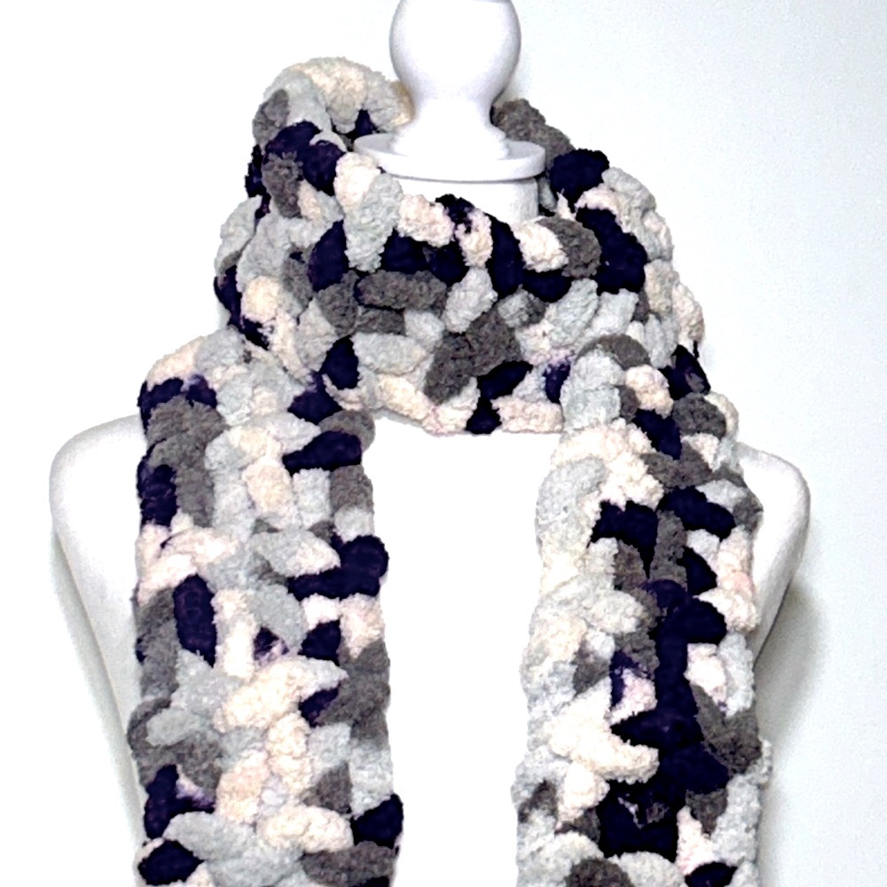 Handmade hand knit chenille winter scarf gray purple light blue white 5 X 110